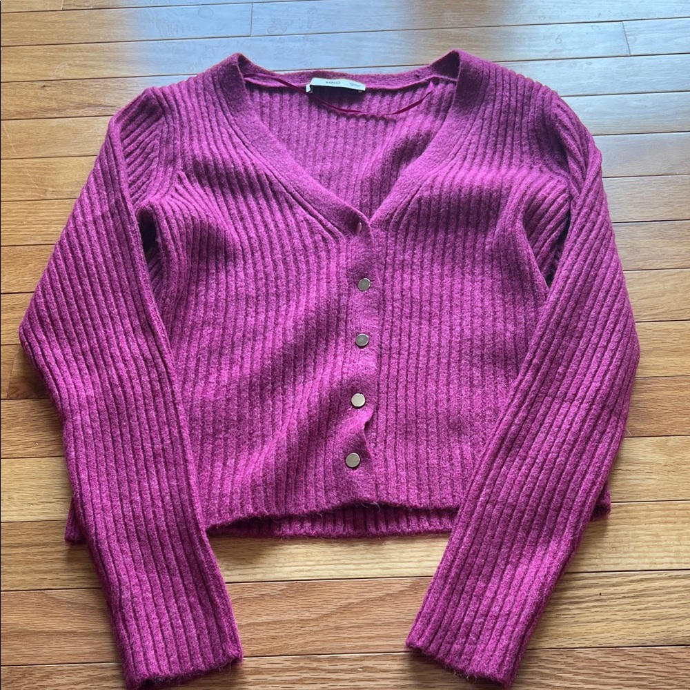 Mango Ribbed Cardigan Sweater - Purple - Picture 1 of 4